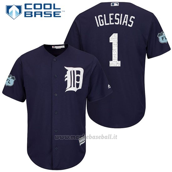Maglia Baseball Uomo Detroit Tigers Jose Iglesias 1 Blu 2017 Allenamento Primaverile Cool Base Giocatore